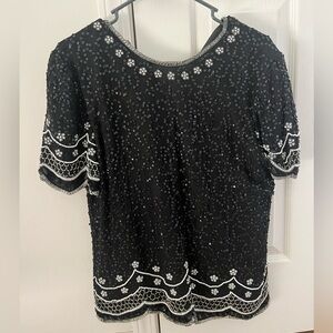 Vintage Laurence Kazar Black and Silver Beaded Blouse
